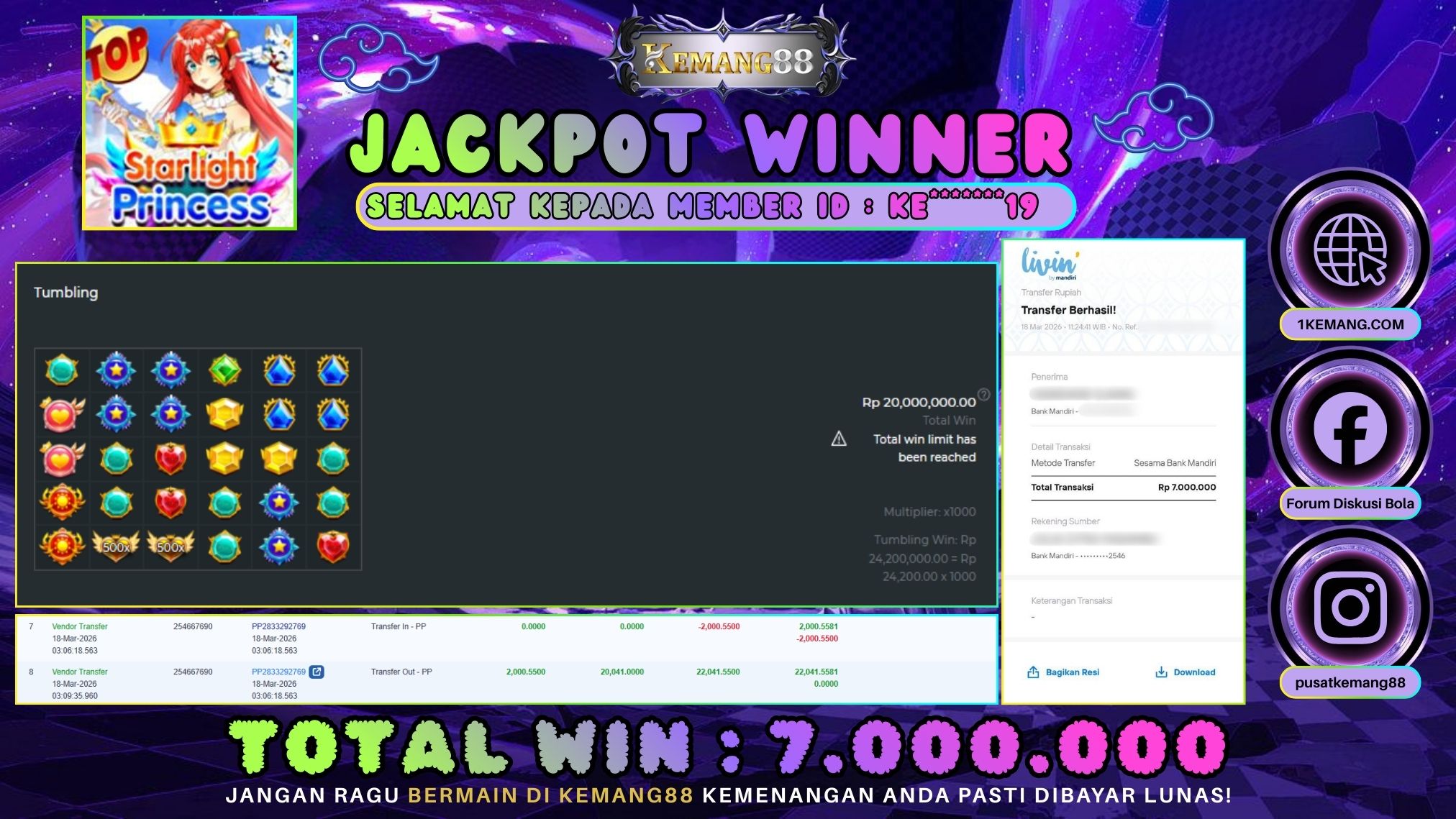 KEMANG88 [18 Maret 2026] : JACKPOT SLOT : STARLIGHT PRINCESS [PP] Rp. 7.000.000.,- LUNAS